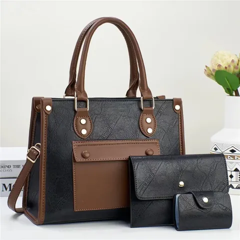 Damen Retro Einkaufstasche PU Leder Große Kapazität Kontrastfarbe Schultertasche Mit Geldbörse Und Kartenhalter Alltag