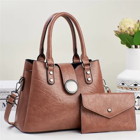 Borsa a Mano da Donna in Pelle PU Retro Set da 2 Pezzi Borsa Tote di Grande Capacità Con Portafoglio Pochette Tracolla Rimovibile Fibbia Rotonda in Metallo Argentato Borsa a Spalla Casual da Ufficio