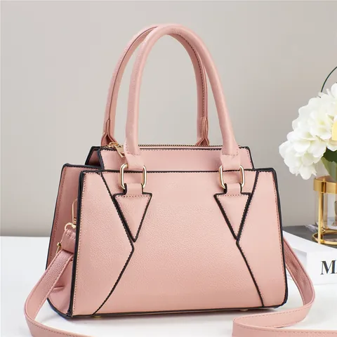 Women Large Capacity PU Leather Handbag With Stitching Geometry Litchi Texture Tote Bag Dual Use Commute Shoulder Bag
