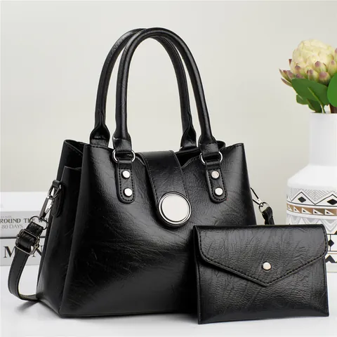 Borsa a Mano da Donna in Pelle PU Retro Set da 2 Pezzi Borsa Tote di Grande Capacità Con Portafoglio Pochette Tracolla Rimovibile Fibbia Rotonda in Metallo Argentato Borsa a Spalla Casual da Ufficio