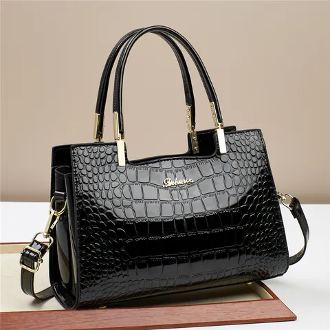 Women Fashion Crocodile Pattern Glossy Patent Leather Handbag Large Tote Square Bag With Gold Hardware Shoulder Bag