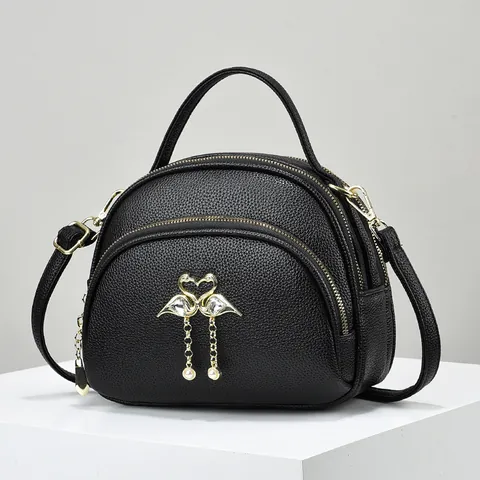 Women Elegant PU Leather Crossbody Bag Multi-Pocket Small Round Handbag With Gold Flamingo Heart Pearl Tassel Decor