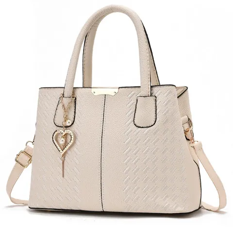 Women Trendy PU Leather Handbag Large Capacity Crossbody Shoulder Bag With Heart Artificial Pearl Charm Woven Detail Elegant Tote Bag