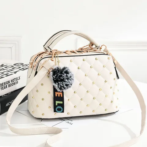 Women Quilted Rivet Handbag Small Square Bag With Pom-Pom Pendant PU Leather Crossbody Shoulder Bag For Daily Use Elegant