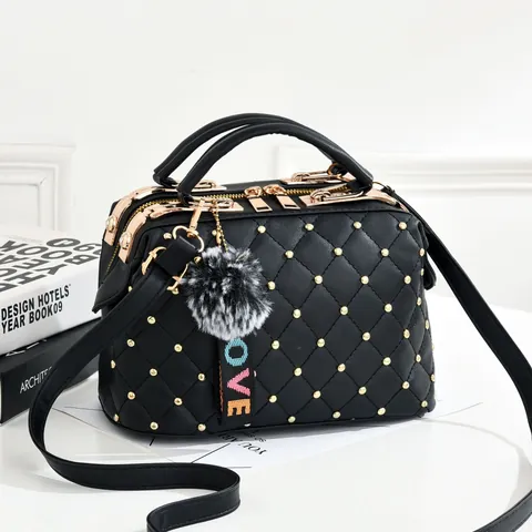 Women Quilted Rivet Handbag Small Square Bag With Pom-Pom Pendant PU Leather Crossbody Shoulder Bag For Daily Use Elegant