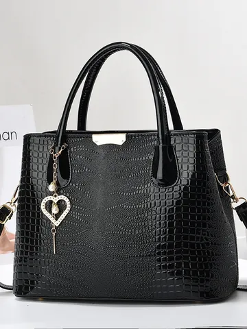 Damen Krokodil Prägung PU Leder Tote Bag Mit Herz Künstliche Perle Anhänger Elegant Große Kapazität Handtasche Umhängetasche Mode Tasche