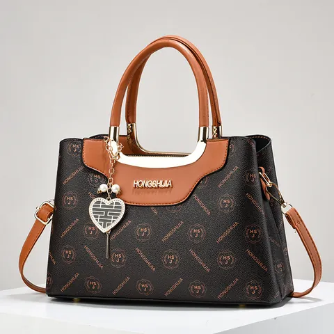 Women Monogram Print Handbag PU Leather Large Capacity Shoulder Crossbody Bag With Heart Artificial Pearl Charm Vintage Elegant Pebbled Texture