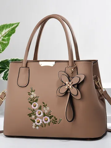 Sac à Main pour Femme en Cuir PU avec Broderie Florale Sac Fourre-tout Élégant avec Pendentif Papillon et Accessoires Dorés Sac Bandoulière
