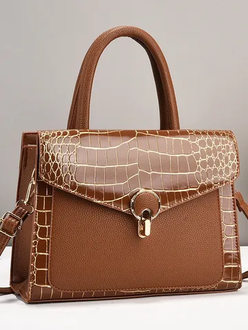 Women Crocodile Pattern Stitched PU Leather Tote Bag Large Capacity Shoulder Handbag With Gold Metal Ring Lock Casual Bag