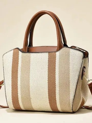 Women Vertical Striped Woven Canvas Handbag Large Capacity Contrast Color Shoulder Crossbody Bag With Synthetic Leather Handle