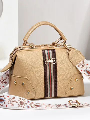 Dames Lychee Textuur PU Leer Dokterstas Strik Rood Groene Strepen Borduurwerk Riem Handtas Schoudertas