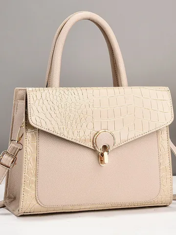 Women Crocodile Pattern Stitched PU Leather Tote Bag Large Capacity Shoulder Handbag With Gold Metal Ring Lock Casual Bag