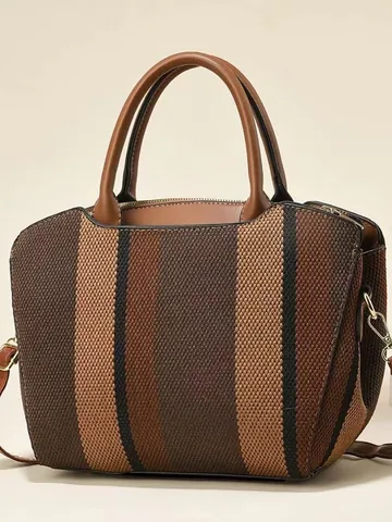 Women Vertical Striped Woven Canvas Handbag Large Capacity Contrast Color Shoulder Crossbody Bag With Synthetic Leather Handle