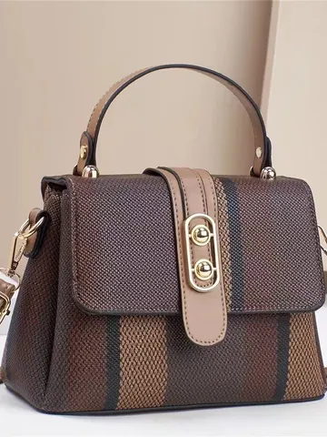 Bolso de Hombro a Rayas de Color de Contraste para Mujer de Cuero PU Tejido Con Hebilla de Metal Dorado Bolso Retro Diario