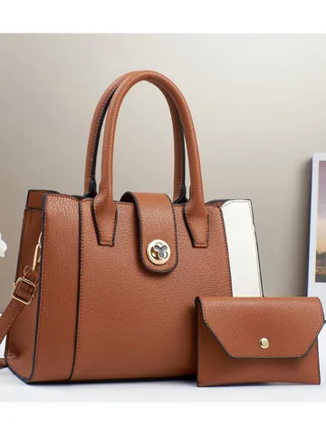 Conjunto de Bolsos de Mano de Cuero de PU para Mujer Moda Bloque de Color Bolso Tote de Gran Capacidad Con Cartera Al Hombro