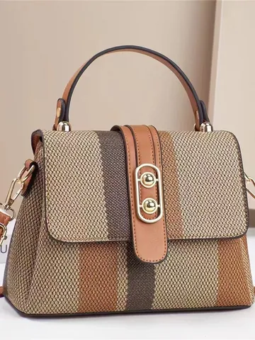 Bolso de Hombro a Rayas de Color de Contraste para Mujer de Cuero PU Tejido Con Hebilla de Metal Dorado Bolso Retro Diario