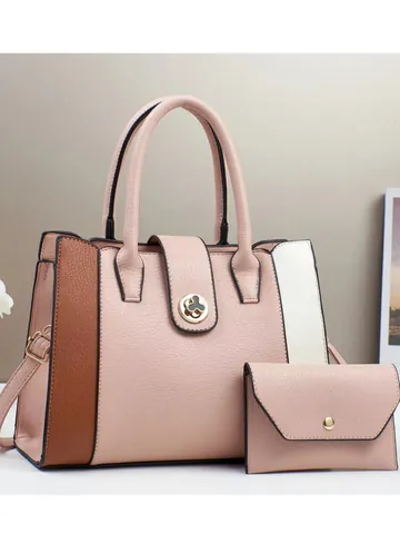 Conjunto de Bolsos de Mano de Cuero de PU para Mujer Moda Bloque de Color Bolso Tote de Gran Capacidad Con Cartera Al Hombro