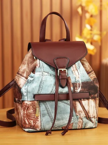 Vintage Denim Print PU Leather Backpack For Women Large Capacity Drawstring Multi-Pocket Casual Travel School Daypack Fashion Bag