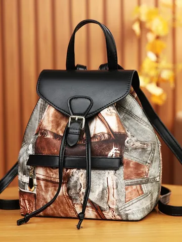 Vintage Denim Print PU Leather Backpack For Women Large Capacity Drawstring Multi-Pocket Casual Travel School Daypack Fashion Bag