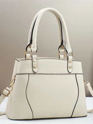 Women Fashion Lychee Pattern PU Leather Handbag Large Capacity Business Casual Tote Bag With Detachable Shoulder Strap Gold Rivets