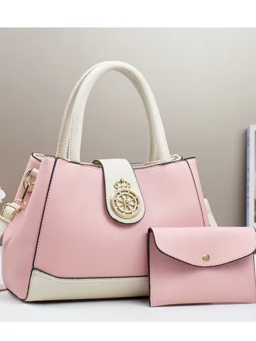 Borsa A Mano E Portafoglio In Pelle PU Retro Europeo Da Donna Texture Di Litchi Color Block Tote Bag Con Logo Corona In Metallo