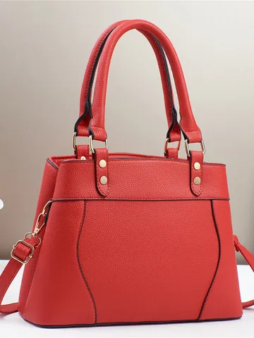 Women Fashion Lychee Pattern PU Leather Handbag Large Capacity Business Casual Tote Bag With Detachable Shoulder Strap Gold Rivets