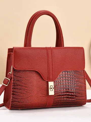 Women Crocodile Pattern Stitching Tote Bag PU Leather Handbag Gold Metal Lock Elegant Street Fashion Daily Shoulder Bag