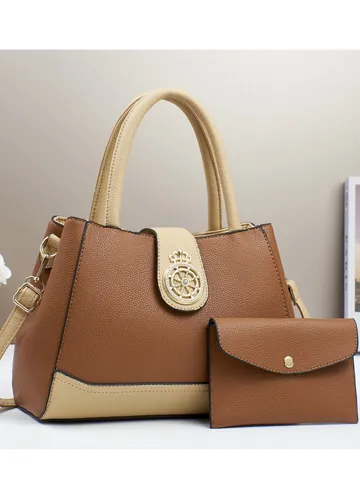 Borsa A Mano E Portafoglio In Pelle PU Retro Europeo Da Donna Texture Di Litchi Color Block Tote Bag Con Logo Corona In Metallo