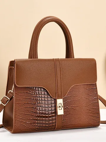 Women Crocodile Pattern Stitching Tote Bag PU Leather Handbag Gold Metal Lock Elegant Street Fashion Daily Shoulder Bag