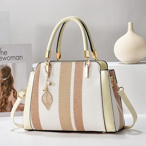 Vintage PU Leder Kontraststreifen Handtasche Für Damen Große Kapazität Tote Mit Metall Blatt Anhänger Elegante Schulter Umhängetasche