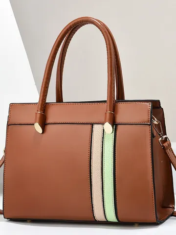 Sac Tote de Grande Capacité en Cuir PU Color Block pour Femmes Sac à Main de Navette d'Affaires avec Rayures Verticales Bandoulière