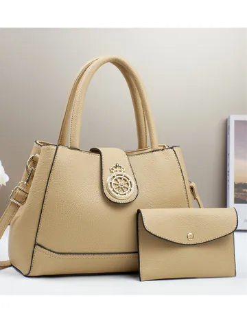 Borsa a Mano da Donna in Pelle PU con Portafoglio Coordinato Texture Litchi Shopping Bag Grande Capacità Tracolla Business Accessorio di Lusso Ferramenta Dorata