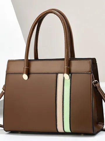 Sac Tote de Grande Capacité en Cuir PU Color Block pour Femmes Sac à Main de Navette d'Affaires avec Rayures Verticales Bandoulière