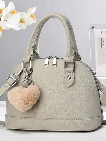 Women Lychee Pattern PU Leather Shell Handbag With Heart Plush Charm Fashion Top Handle Crossbody Bag For Daily Commuting