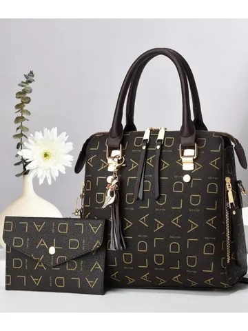 Ensemble De Sac À Main Et Long Portefeuille Imprimé Monogramme Pour Femmes Sac Fourre-Tout En Similicuir Avec Pompon
