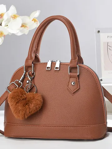 Women Lychee Pattern PU Leather Shell Handbag With Heart Plush Charm Fashion Top Handle Crossbody Bag For Daily Commuting