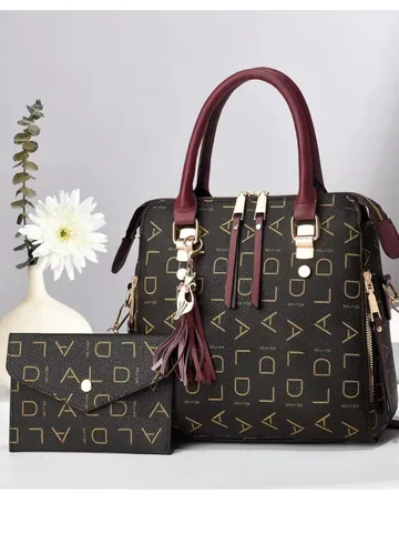 Ensemble De Sac À Main Et Long Portefeuille Imprimé Monogramme Pour Femmes Sac Fourre-Tout En Similicuir Avec Pompon