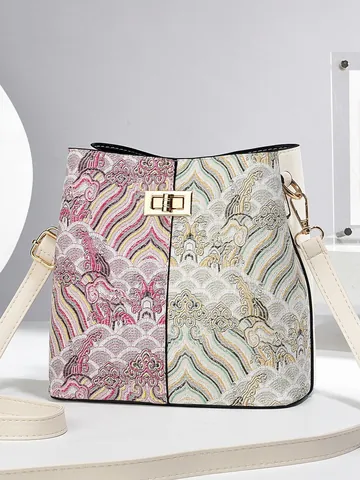 Sac Seau pour Femmes Style Chinois Artistique Imprimé Jacquard Cuir PU Grande Capacité Sac à Bandoulière Motif Traditionnel