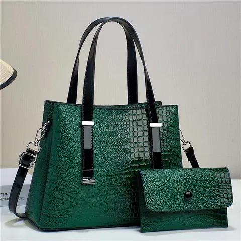 Women's Glossy Crocodile Pattern PU Leather Handbag And Clutch Large Capacity Crossbody Tote Bag With Detachable Strap Vintage Fashion Bag Set