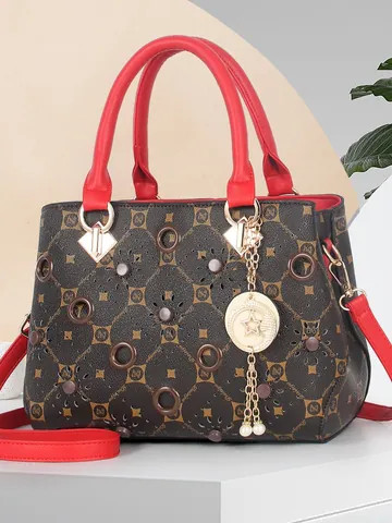 Women Retro PU Leather Monogram Top Handle Bag Contrast Color Large Capacity Crossbody Handbag With Star Tassel Pendant