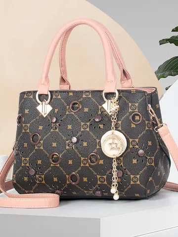 Women Retro PU Leather Monogram Top Handle Bag Contrast Color Large Capacity Crossbody Handbag With Star Tassel Pendant