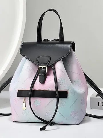 Zaino da Donna con Stampa Floreale Sfumata in Pelle PU Elegante Zaino da Viaggio alla Moda con Chiusura a Fibbia con Coulisse