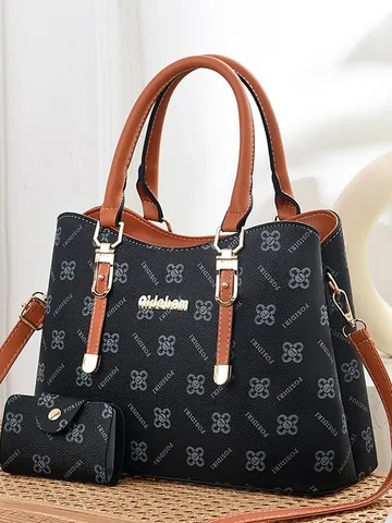 Women Fashion PU Leather Handbag Set Monogram Printed Tote Bag And Small Pouch Large Capacity Shoulder Bag For Daily Use