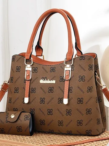 Women Fashion PU Leather Handbag Set Monogram Printed Tote Bag And Small Pouch Large Capacity Shoulder Bag For Daily Use