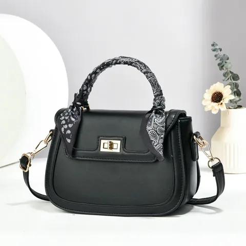 Sac à Bandoulière pour Femme en Cuir PU Bloc de Couleur Sac à Main Avec Foulard Décoratif Fermoir Tournant Doré Sac Carré