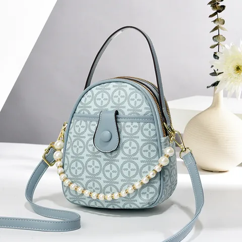 Bolso de Hombro Redondo Vintage para Mujer Cuero PU Estampado Geométrico Bolso de Mano con Cadena de Perlas Decoración Doble Cremallera Bolso Bandolera Elegante