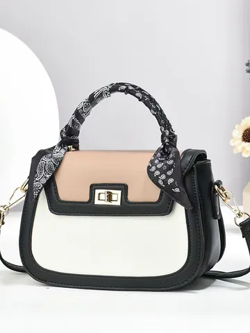 Borsa a Tracolla Donna Color Block Con Sciarpa Decorativa in Pelle PU Borsa a Mano Crossbody Per Pendolarismo Elegante
