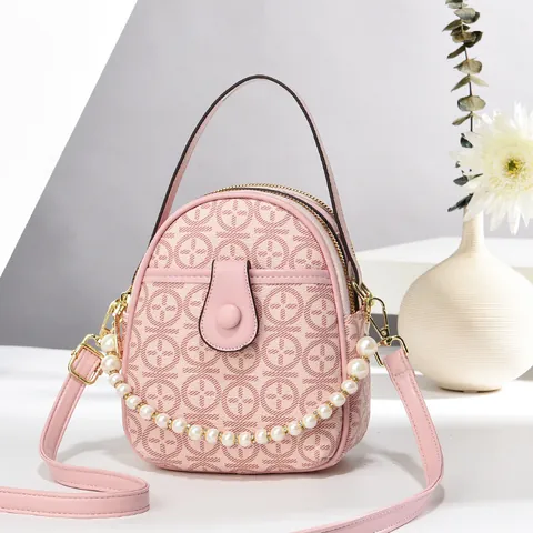 Bolso de Hombro Redondo Vintage para Mujer Cuero PU Estampado Geométrico Bolso de Mano con Cadena de Perlas Decoración Doble Cremallera Bolso Bandolera Elegante