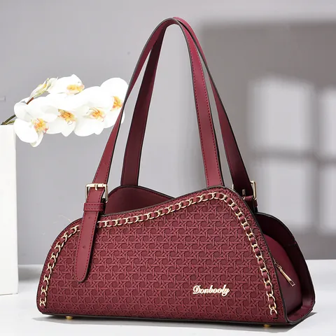 Elegante Damen PU Leder Handtasche Geprägte Gewebte Textur Goldkette Dekor Große Kapazität Schulter Umhängetasche