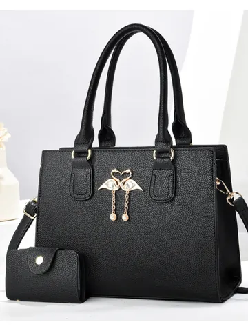 Fashion PU Leather Lychee Pattern Tote Bag Set With Swan Decor Rhinestone Artificial Pearl Tassel Large Capacity Shoulder Bag Wallet